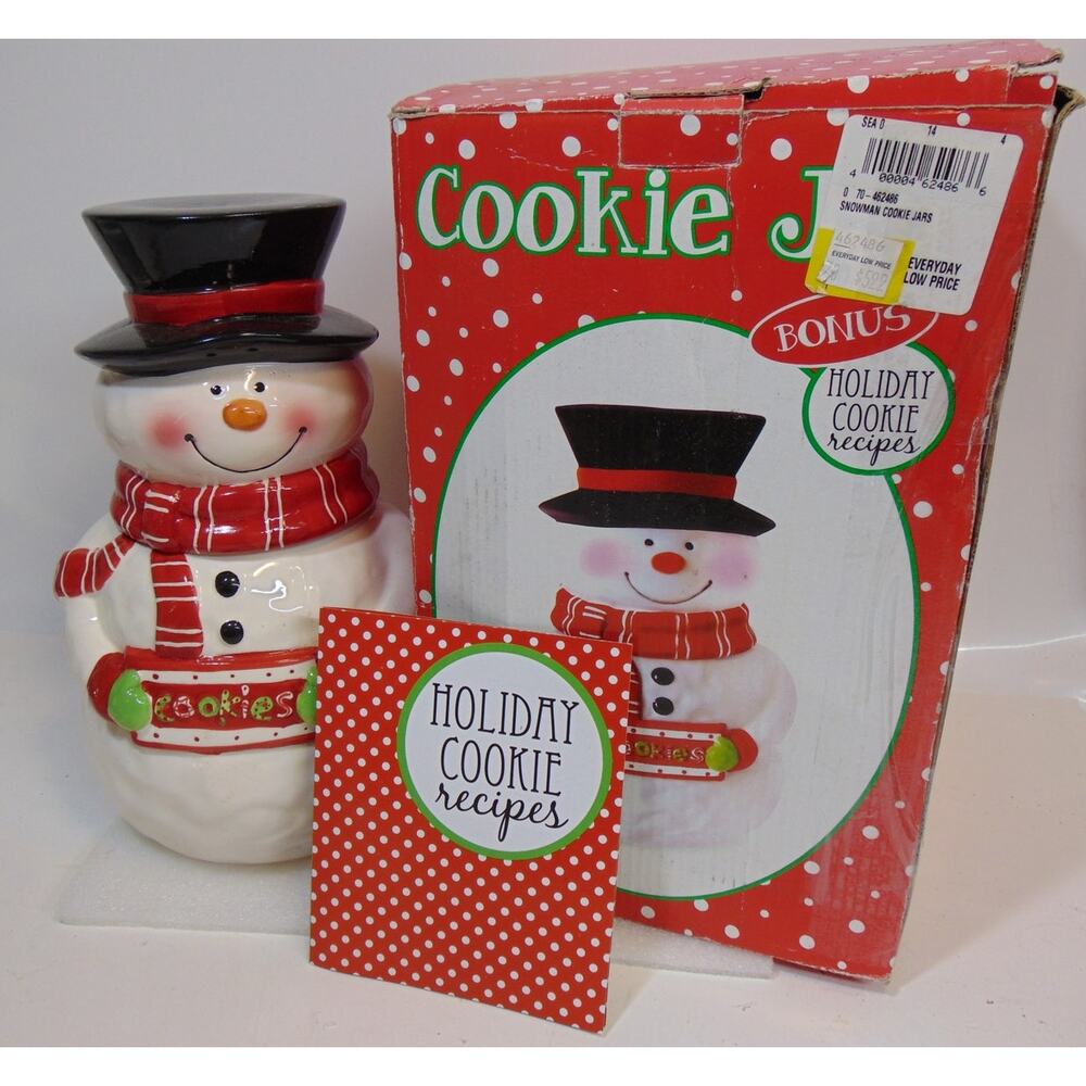 Snowman Cookie Jar Ceramic Frosty Recipes Vintage Original Box Glazed Top Hat
